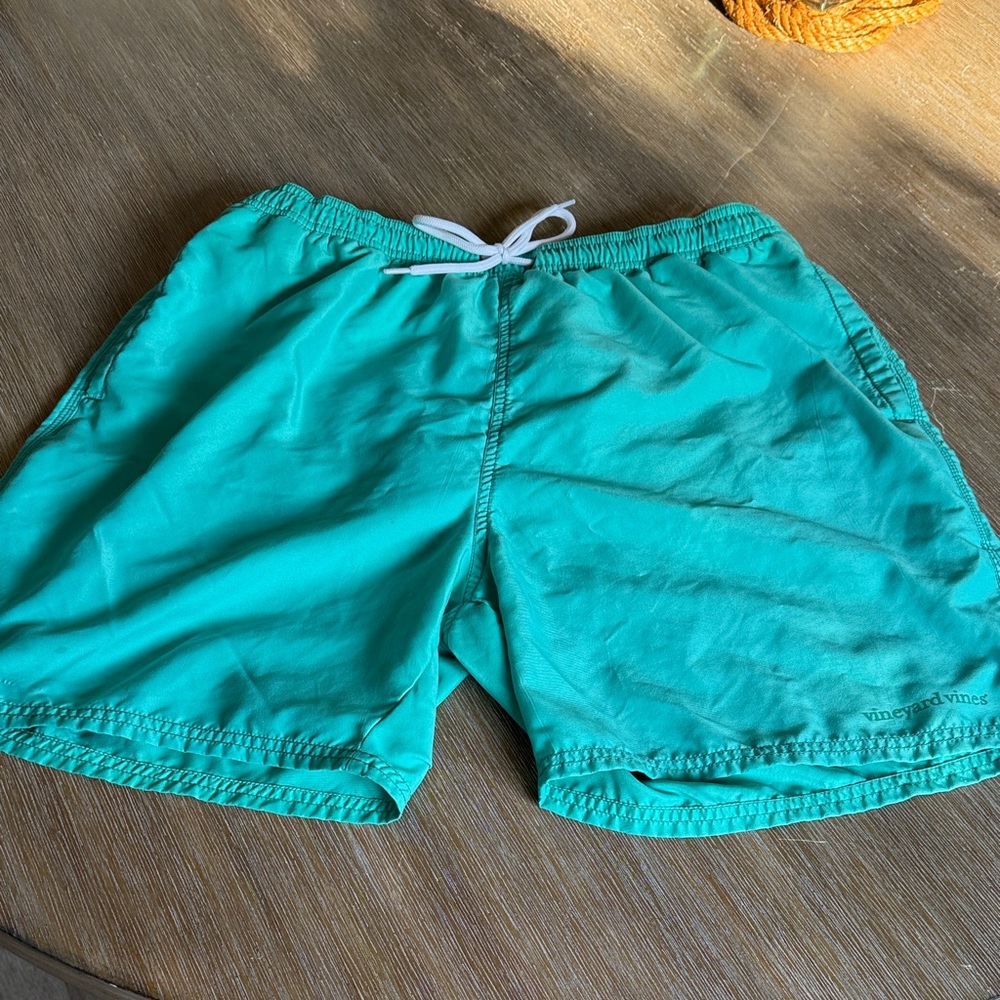 Vineyard Vines Men's Teal Swim Trunks with White Drawstring